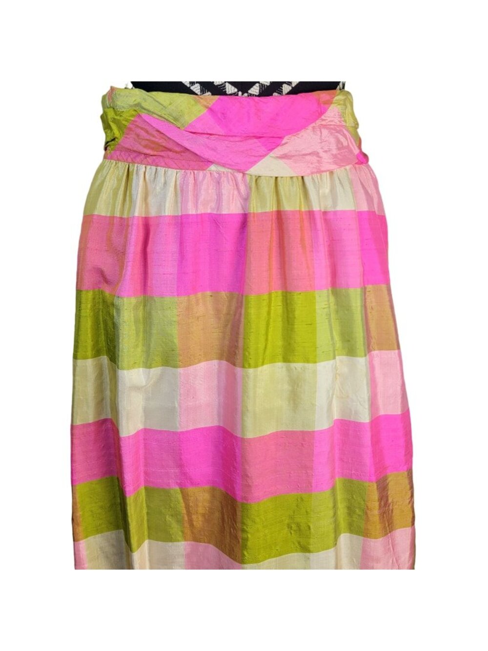 Vintage 70s Colorful Silk Maxi Skirt Women 28 8 Pink Green Formal Spring S check